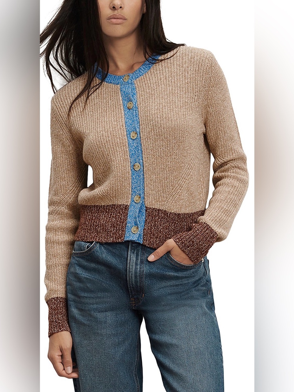 Veronica Beard Ibra Crewneck Cardigan Sweater in Oatmeal